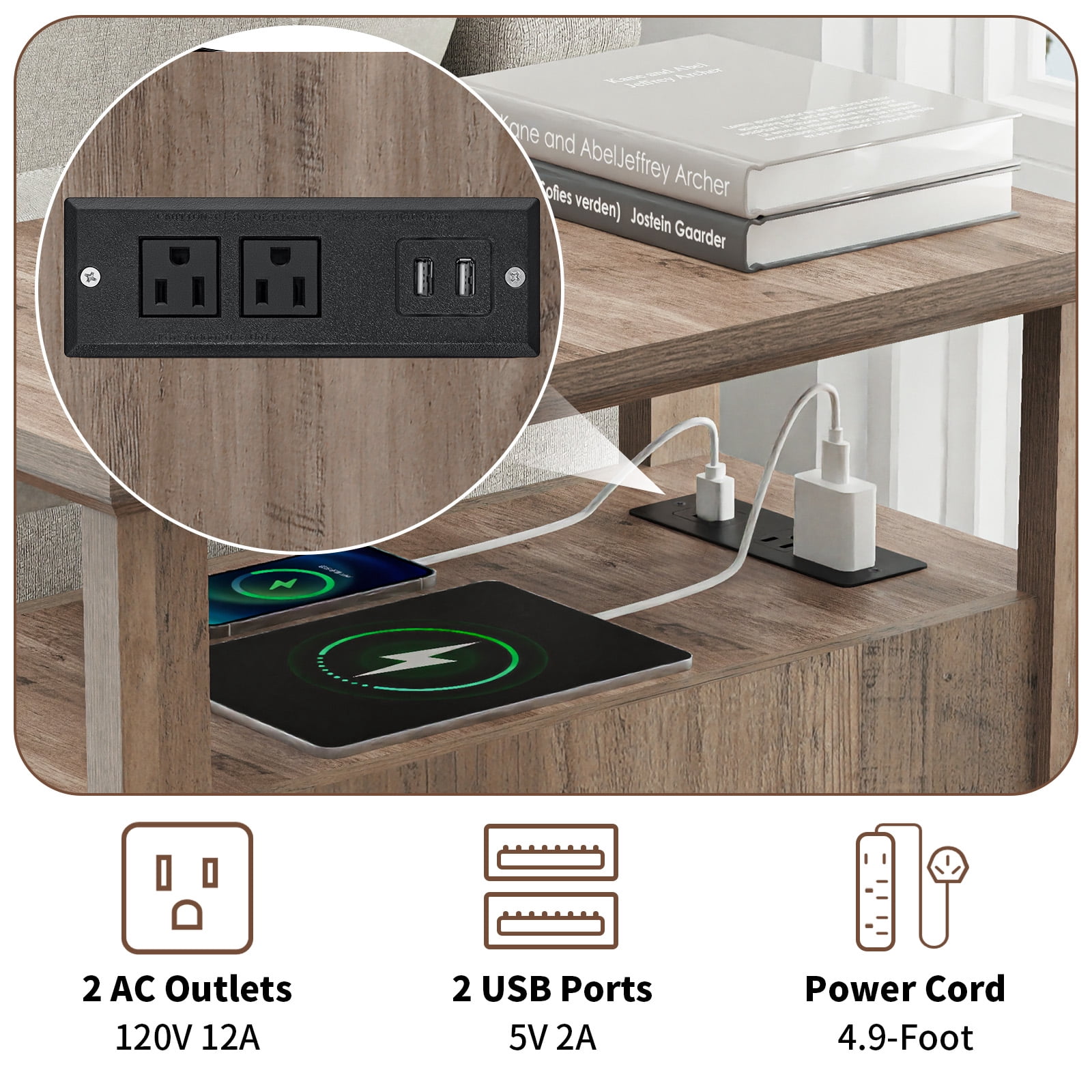 Hommpa 2 Drawers End Tables With Charging Station For Living Room, Farmhouse Narrow Sofa Side Table For Small Spaces, Nightstand Bedside Table with Storage For Bedroom, Light Ivory