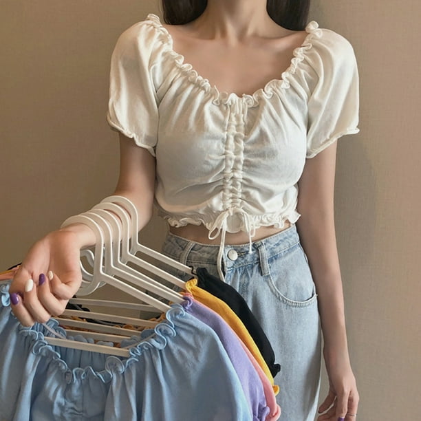 Women Knitted Shirt for Girl Short Sleeve Trendy Summer Navel less