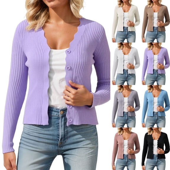 Cardigan Sweaters for Women Open Front Cardigan Lightweight Sweater Button Down Long Sleeve Casual Solid Color Knit Tops Purple