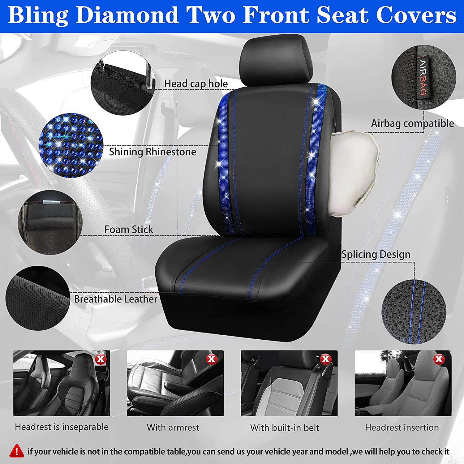 CAR GRAND Bling Car Seat Covers Full Set, Shining Rhinestone Diamond Waterproof Faux Leather, Rear with Zipper, Universal Fit Automotive Glitter Crystal Sparkle Strips for Cute Women Girl, Blue