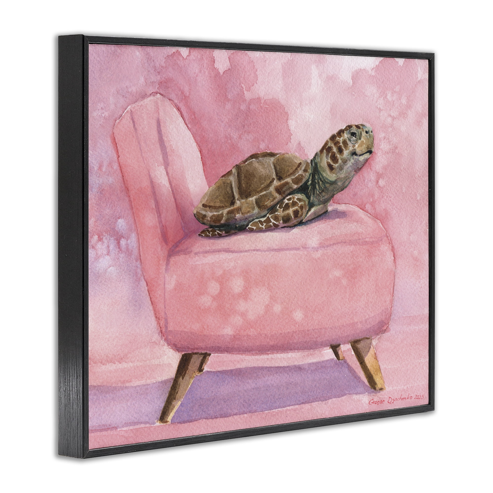 Stupell Industries Happy Turtle on Pink Chair Black Framed Giclee Art, design by George Dyachenko