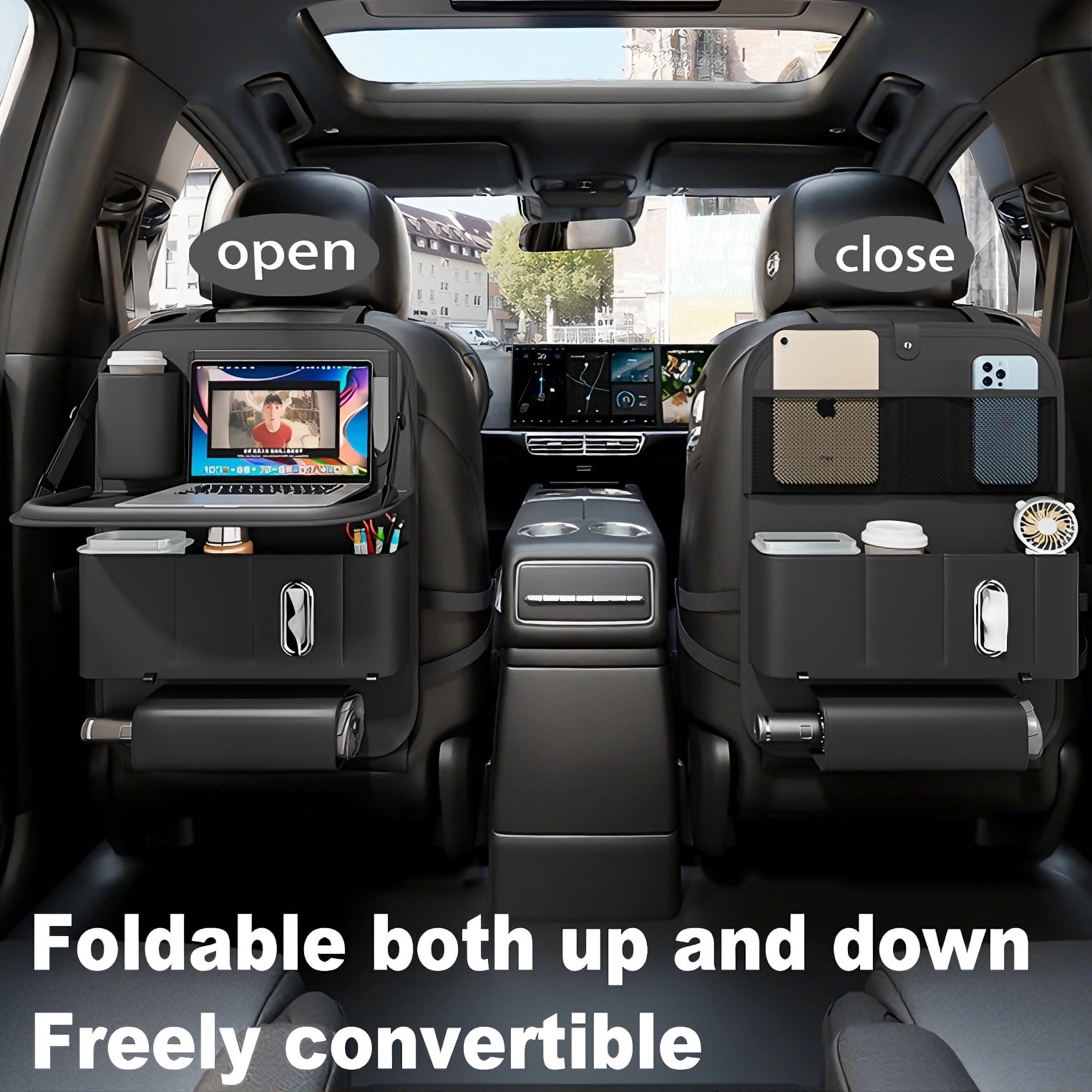 GMQ Backseat Car Organizer with Tray 1 pack,Car Backseat with Foldable Table for Kids,Multifunctional Seat Back Organizer with Storage Pockets(Black)