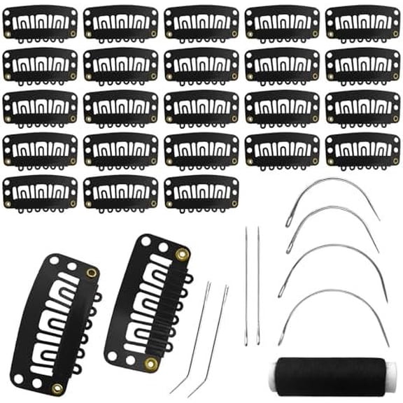 25 count 32mm Hairpieces Snap Clips U Shape Wig Clips for Hair Extensions Making Wig Accessories Set Tools (Black)
