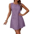 thumbnail image 2 of Costeam Womens Sleeveless Cotton Linen Mini Dress Crew Neck Loose A Line Casual Shift Dress Solid Color Lightweight Summer Sundress with Front Patch Pockets, 2 of 7