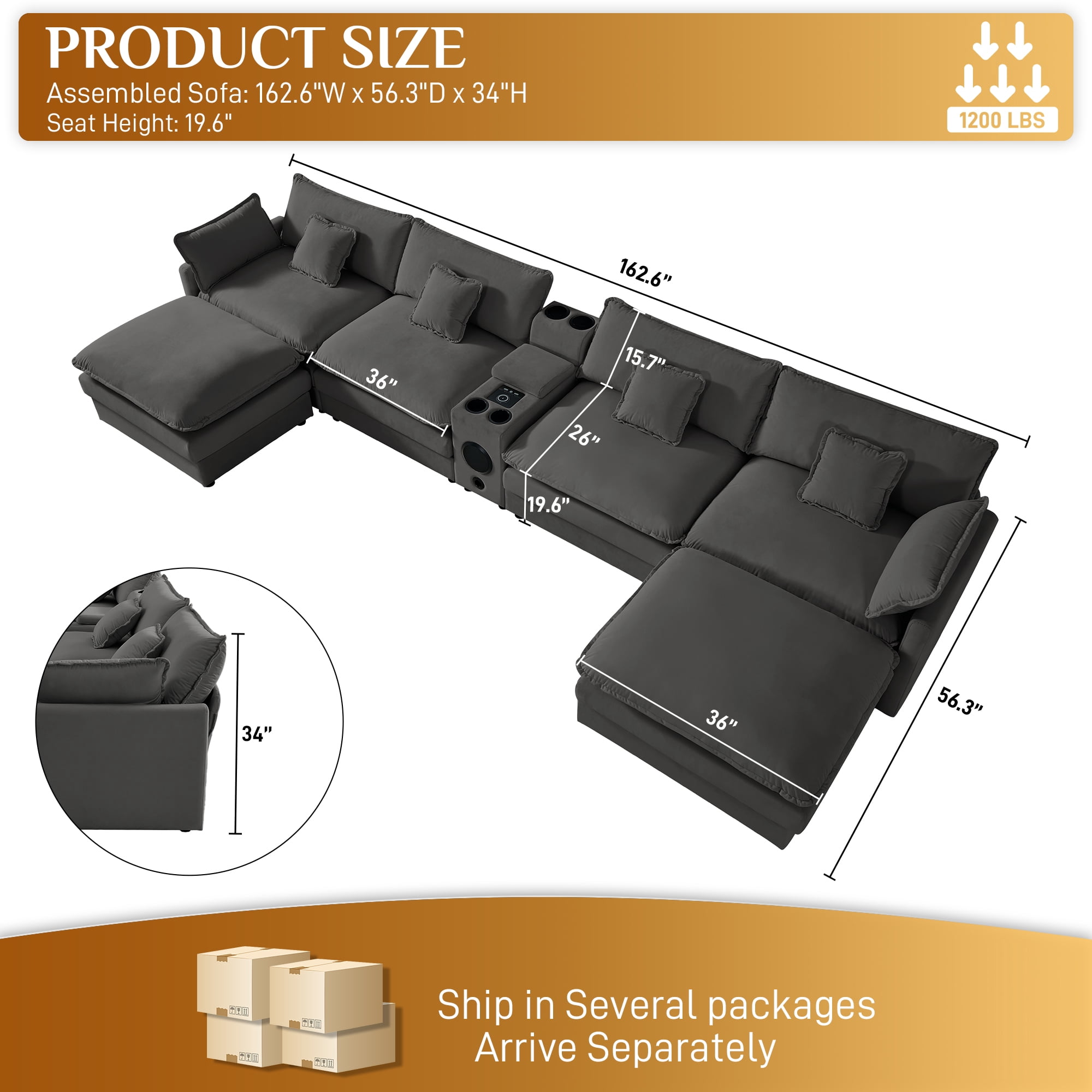 Wiilayok 162.6" U Shaped Sectional Sofa,Velvet Cloud Modular Sectional Sofa Couch Set with Double Chaise,Central Console,Cup Holder for Living Room,Gray