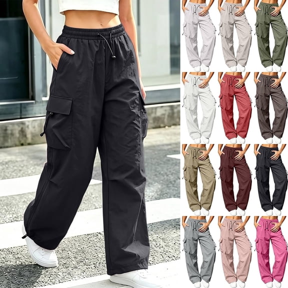 MexChoioe Womens Wide Leg Cargo Pants Plus Size Elastic Drawstring Waist Adjustable Hem Casual Outdoor Athletic Work Pants