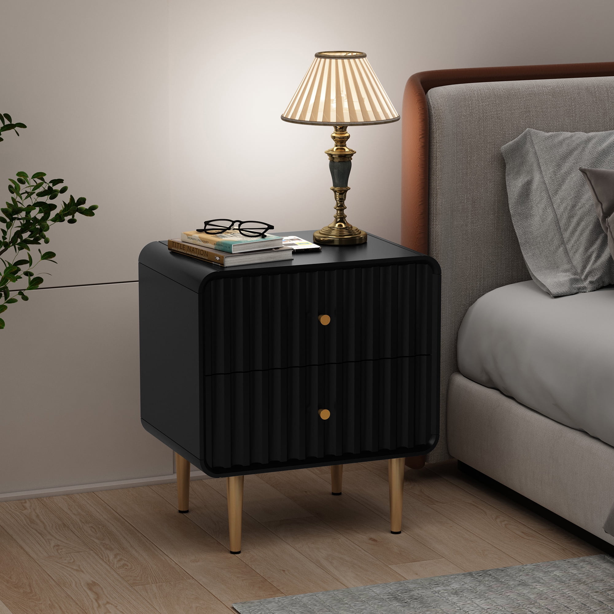 HLR Modern Fluted Wood Nightstand Set of 2 with 2 Drawers, Bedroom Black Bed SideTable with Storage