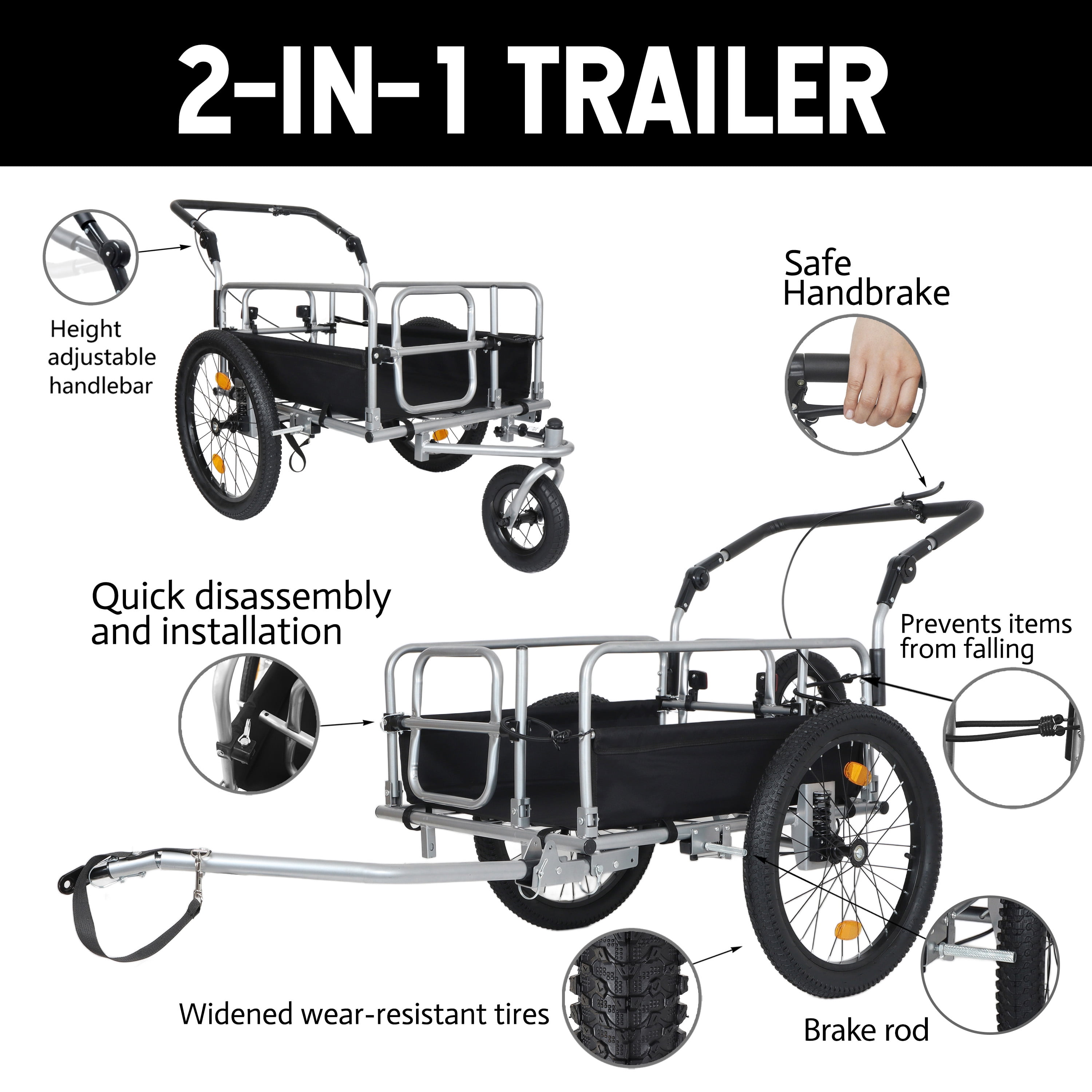 3-in-1 Heavy-Duty Bike Cargo Trailer Bike Compatible Steel Frame, 110lb Capacity, Convertible Stroller & Pull Cart w/Suspension, 20 *2-3/8" FAT tire