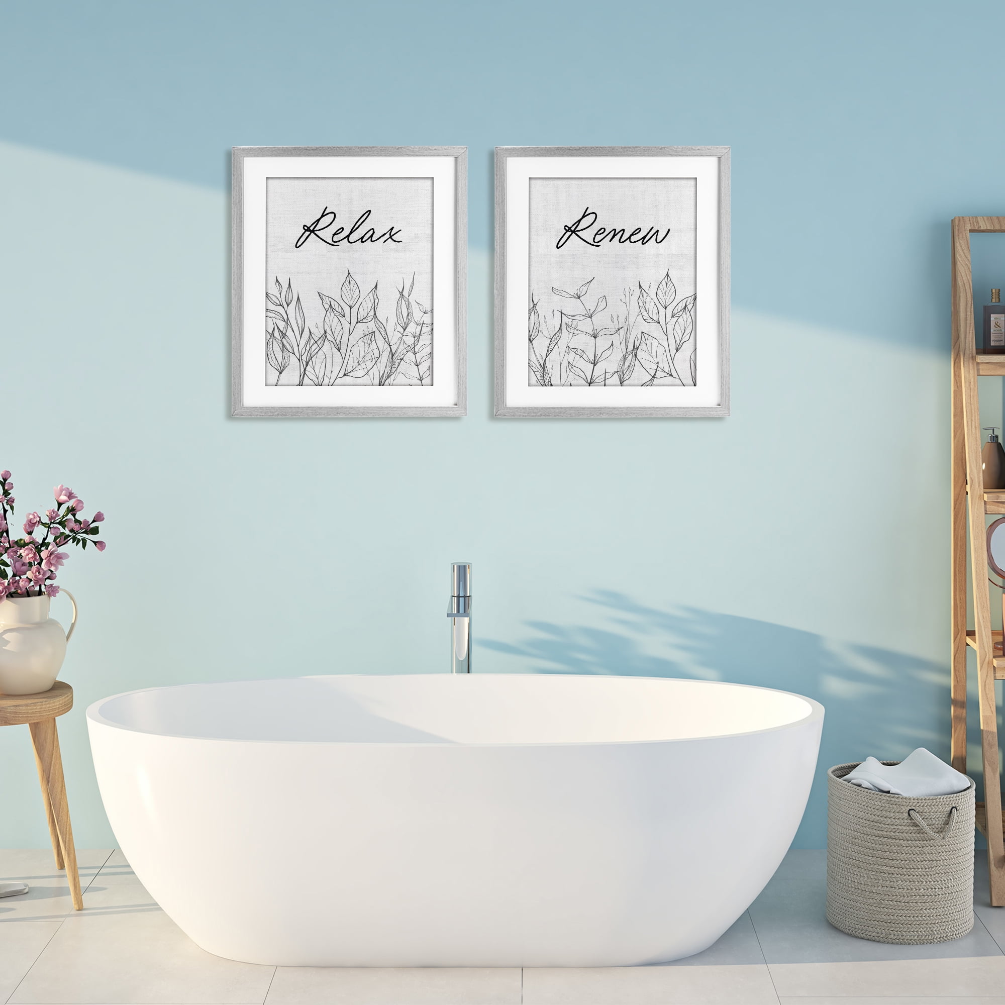 Relax and Renew Leaf Outlines 2 Piece Gray Framed Print Under Glass Set, design by Lettered and Lined