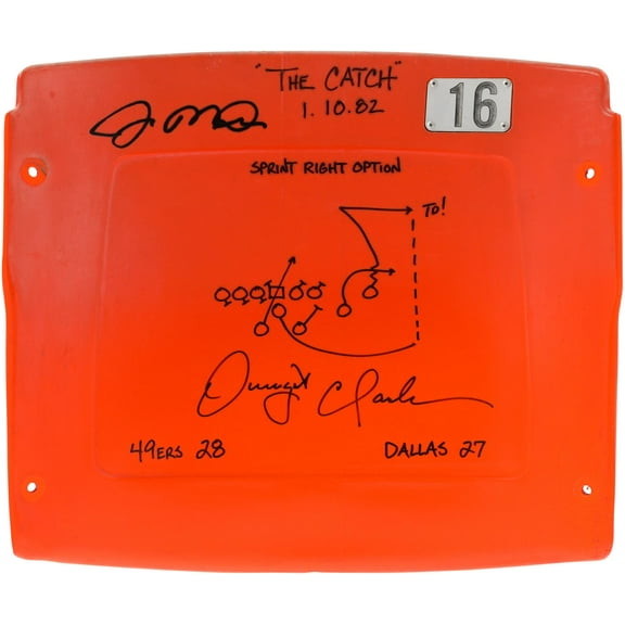Joe Montana and Dwight Clark Dual Signed Candlestick Orange Seatback with Multiple Inscriptions including "The Catch" Play Drawn by Dwight Clark - Signed in Black Ink - Fanatics Authentic Certified