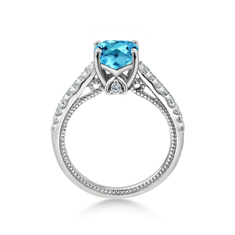 925 Silver 1.4ct Created Blue Sapphire & CZ Cushion Cut Ring