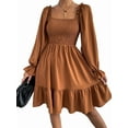 thumbnail image 3 of Women'S Square Neck Lantern Long Sleeve Ruffle Shirred Flowy Party Mini Dress Light Brown M, 3 of 9