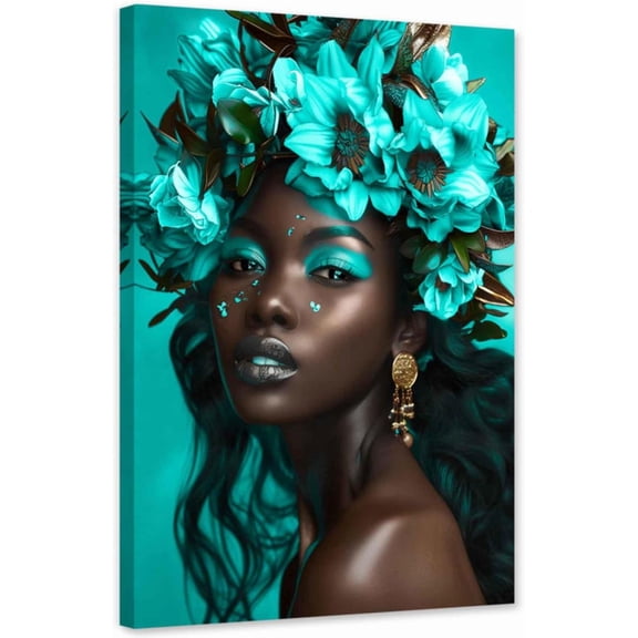 ZHONGYUTONG African American Canvas Wall Art Black Woman Flower Head Pictures Abstract Black Girl Painting for Living Room Decor Framed (12.00" x 18.00")