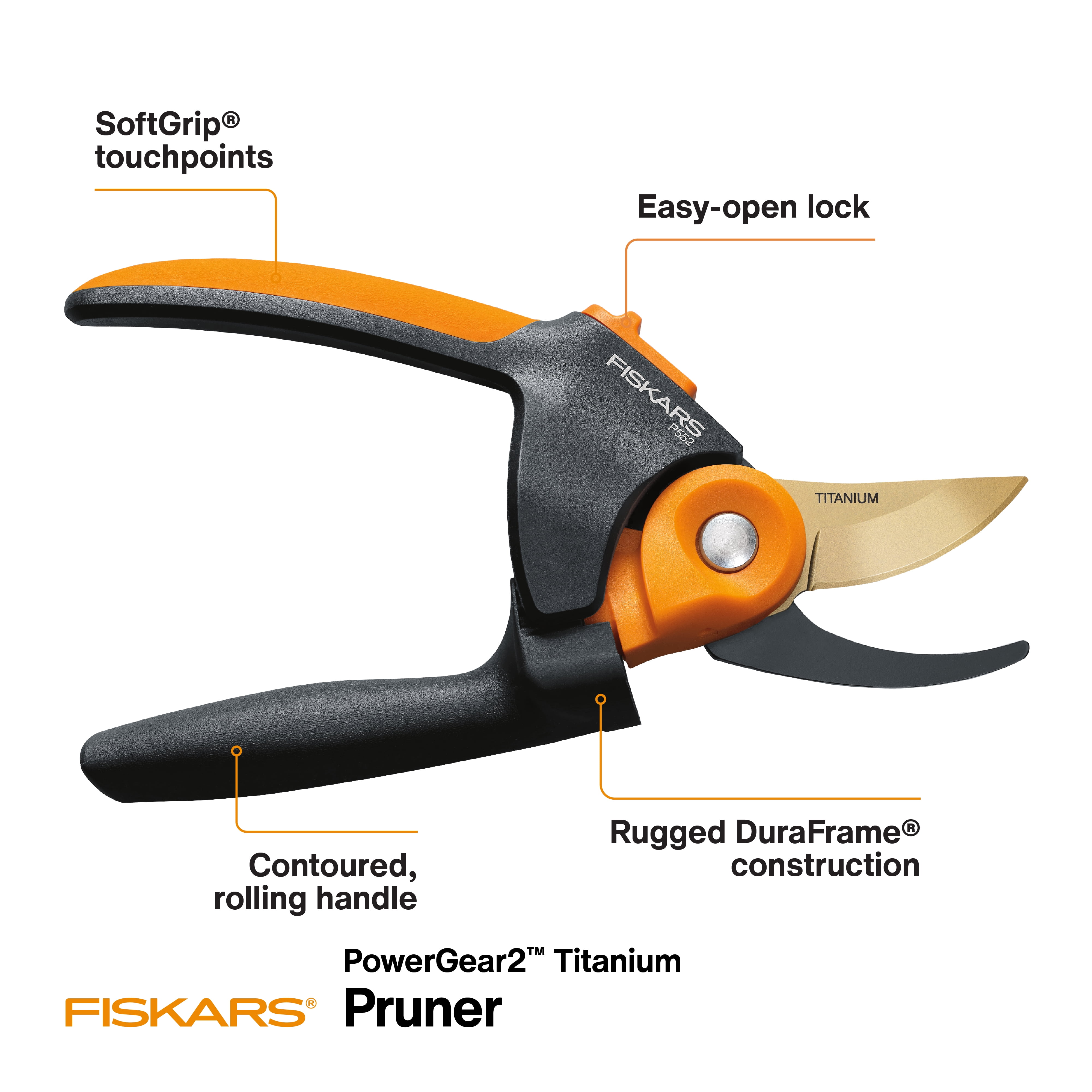 Fiskars 11.5" PowerGear2 Titanium Softgrip Bypass Pruner, 3/4" Cut Capacity Black and Orange