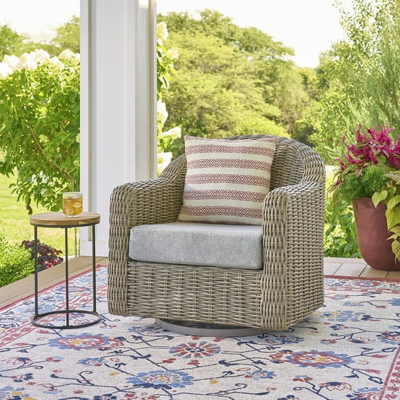 Better Homes & Gardens Bellamy Wicker Outdoor Swivel Lounge Chair with Cushion and Protective Cover, Grey
