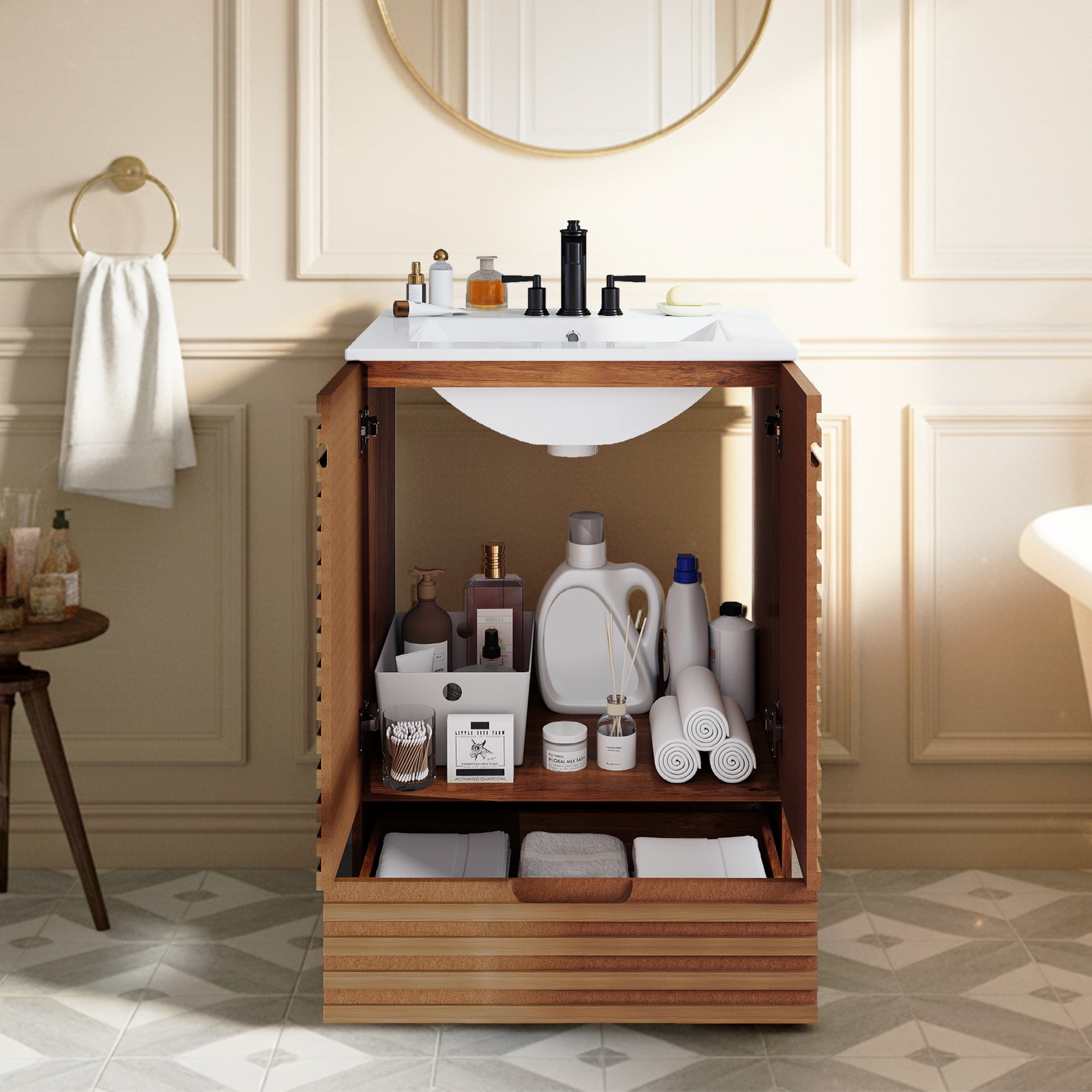 EDX 24-inch Ripple Bathroom Vanity Cabinet, Freestanding Modern Cabinet Vanity with Sink, 2 Soft-Closing Doors & 1 Drawer, Natural Wood