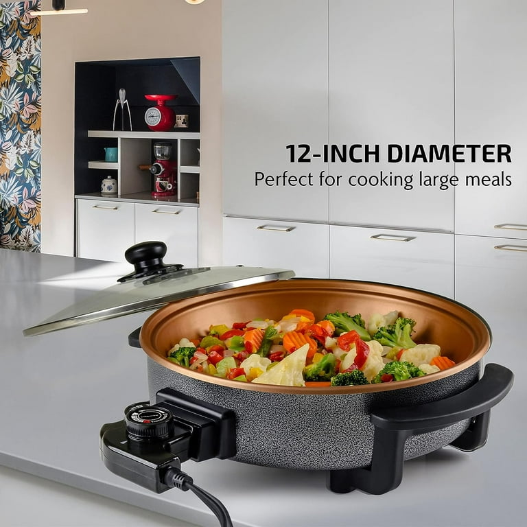 OVENTE Electric Skillet and Frying Pan, 12 Inch Round Cooker with Nonstick  Coating, 1400W Power, Adjustable Temperature Control, Tempered Glass Lid  with Vent and Cool Touch Handles, Copper SK11112CO 