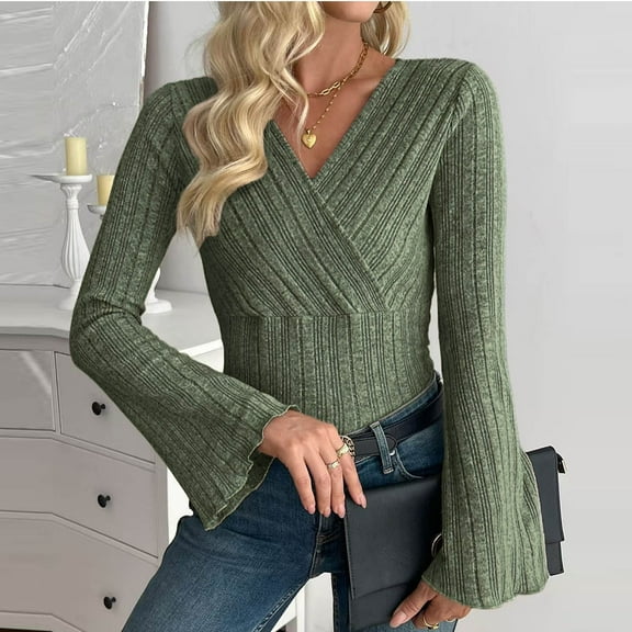Elvqul Plain Sweaters Womens Green Long Sleeve V-Neck Tops Pullover Comfy Sweaters