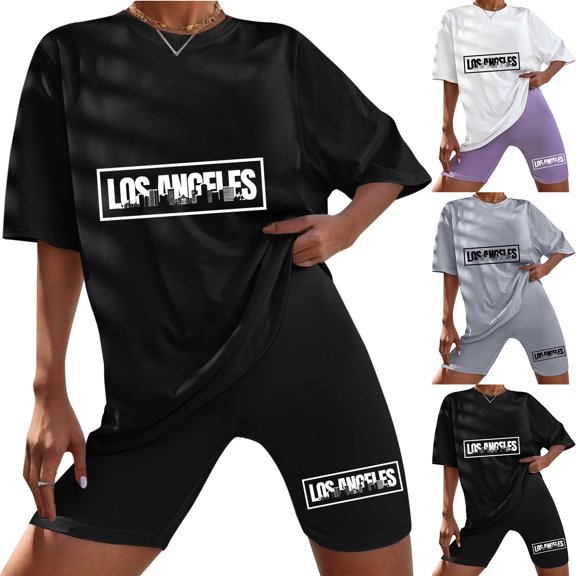 ibiyuan Outfits For Women 2 Piece Sets Stylish Women's Casual Two Piece Set Round Neck Short Sleeve Top and Shorts Outfit