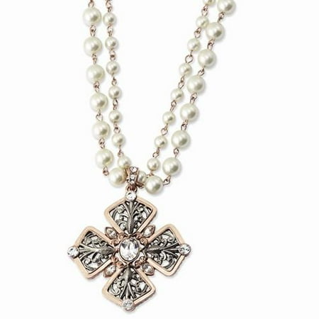 Rose-tone Cultura Glass Pearl & Crystal 16in with ext Necklace