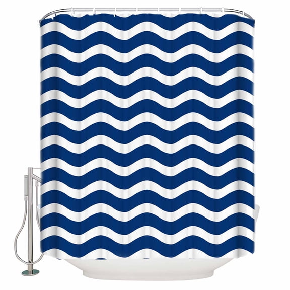 Extra Long Shower Curtain 72x84 Inch, Navy Blue White Shower Curtain Waterproof Bathroom Decor Abstract Waves Water Ripple Striped Fabric Bath Curtain Set Accessories with Hooks