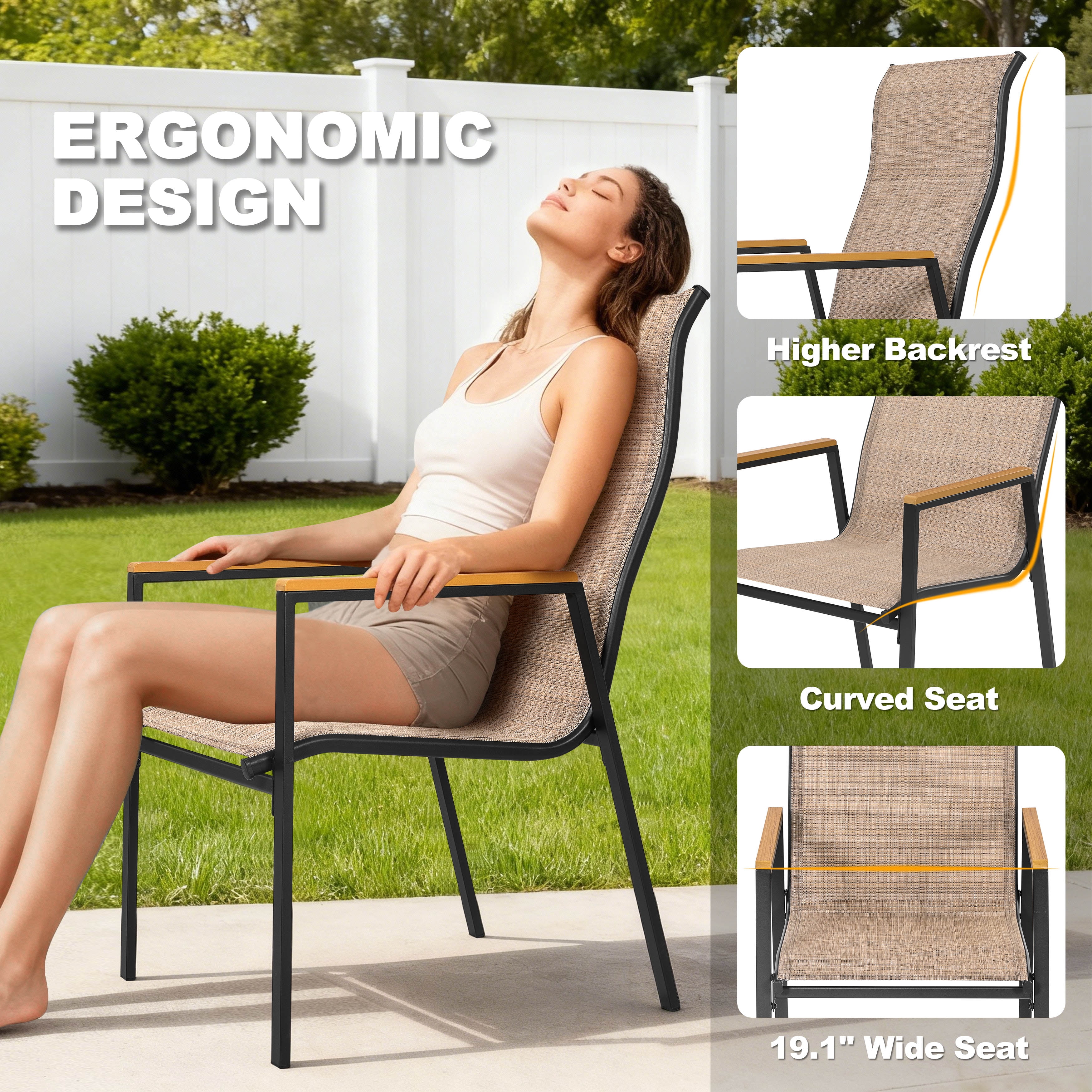 Nuu Garden Outdoor Patio Dining Chairs Set of 4, Stackable Outdoor Dining Chairs with High Back, Wide Seat and Faux Wood Armrests, Breathable Textilene, Powder-Coated Frame for Outside, Khaki