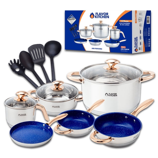 Flavor Kitchen Batería de Cocina 13 Piezas | Sartenes Antiadherentes y de Acero Inoxidable Quirúrgico | Juego de Ollas y Sartenes | Apto para Inducción, Horno y Lavavajillas | Libre de PFOA y PTFE