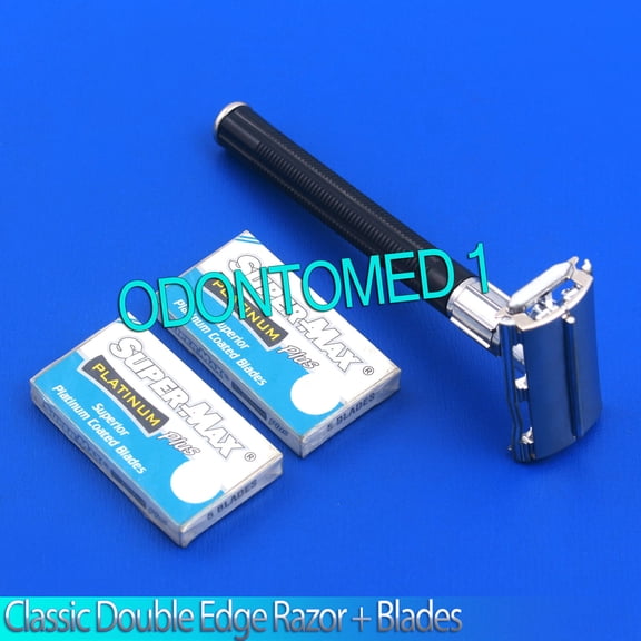 OdontoMed2011 Classic Double Edge Shaving Safety Razor Black Handle  10 Blades New