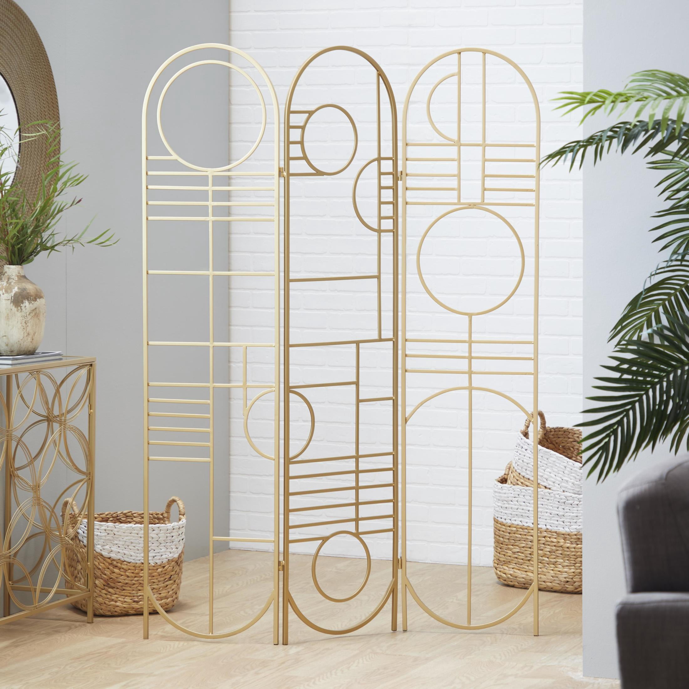 DecMode Modern 3 Panel Metal Room Divider Screen with Geometric Pattern and Gold Finish, 50"W x 69"H
