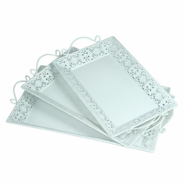 Benzara BM165041 Plateau Rectangulaire en Métal avec Poignée - Blanc&44; Lot de 3