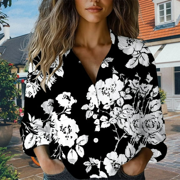 Luowei Women's Long - Sleeve Printed Cotton Button - Down Blouses Casual Tops for Trendy Everyday Wear, Black, XXL