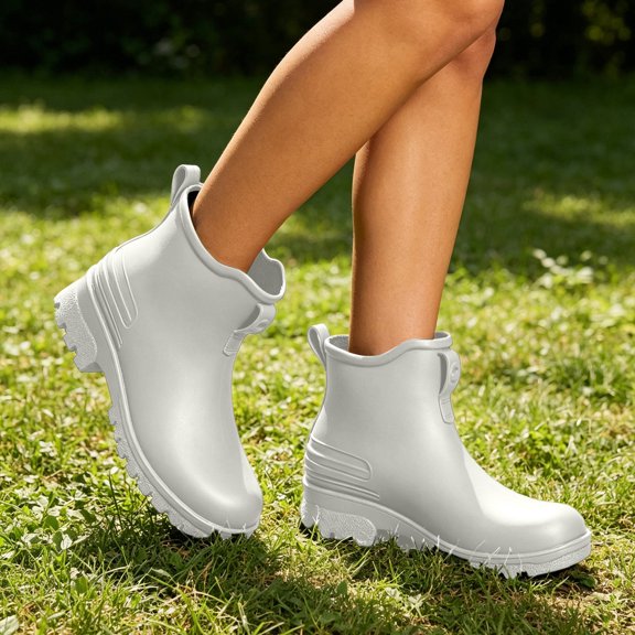 Women’s Flat Heel Waterproof PVC Ankle Rain Boots, Non-Slip Slip On Short Rubber Footwear for Garden, Kitchen & Outdoor Working White 9.5