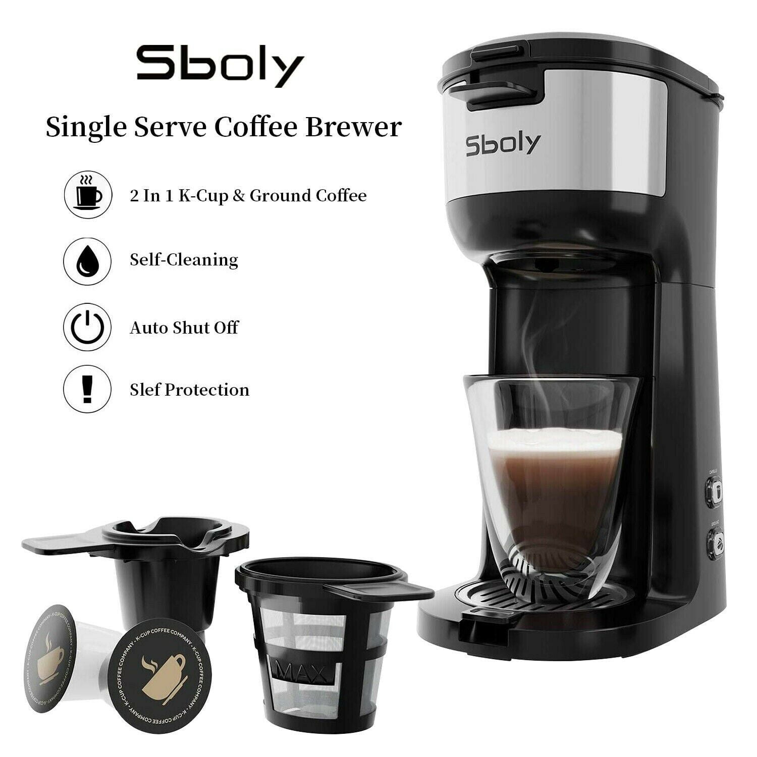 Sboly Single Serve Maker Compatible with Pods or Ground Coffee 14 oz
