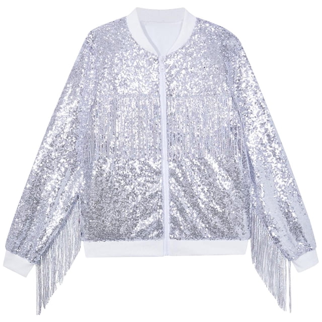 Dealovy Girls Sequin Jackets Spring Summer Long Sleeve Shirts Full Zipper Sparkly Solid Color Tassel Tops