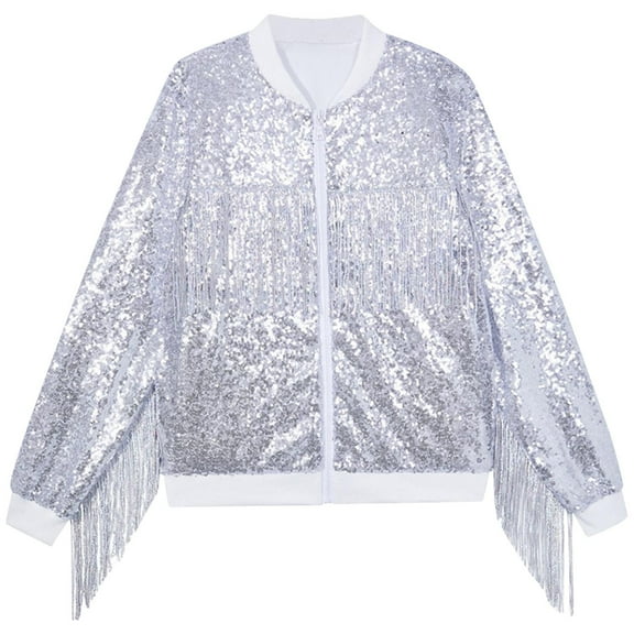 Annhoo Tassel Sequin Jacket for Kids Trendy Sparkly Long Sleeve Zipper up Bomber Jackets Boys Girls Evening Party Clothes