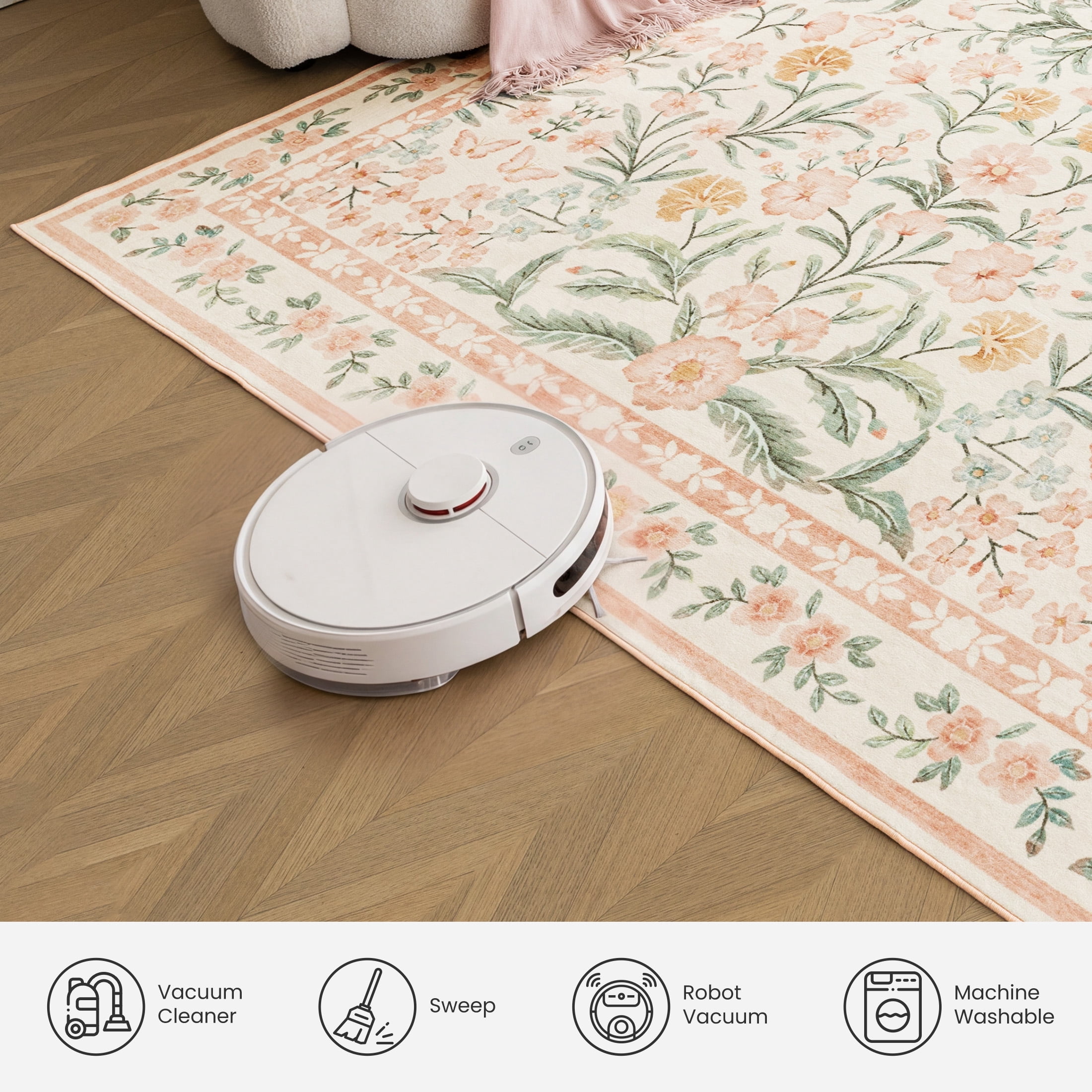 Sleep Zone 4x6 Washable Non Slip Area Rug Elegant Floral, Wave edge Scalloped Water Resistant Rug for Bedroom Living room