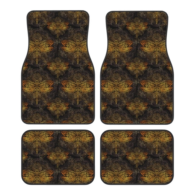Kdxio Tapis de Sol Mandala Imprimé Libellule Dorée Universel pour Voiture avant Arrière 4 Pcs avec Support en Caoutchouc Antidérapant Accessoires pour la Plupart des Voitures