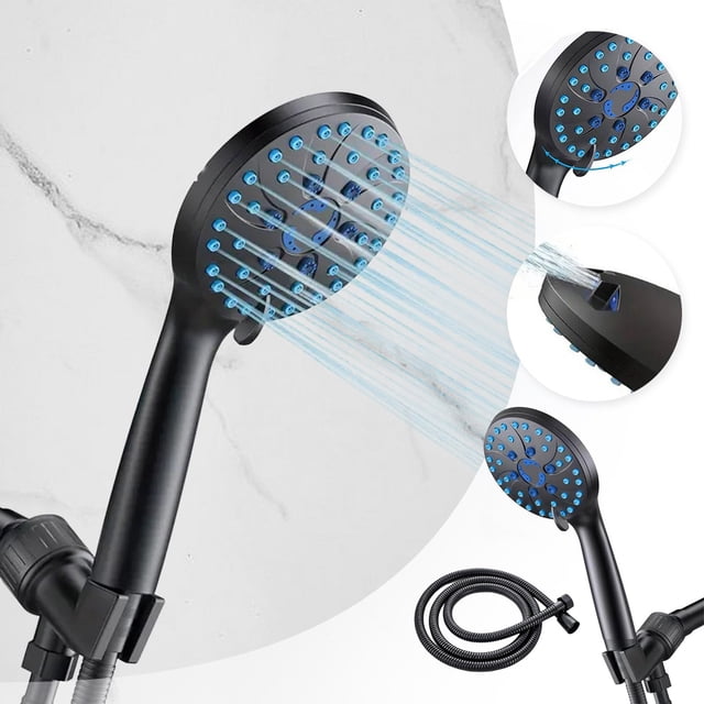 WIFKLSIIPG High Pressure 8 Mode Handheld Shower Head. Built in Power Wash to Clean Tub Tile & Extra Long 4.92 Ft. Stainless Steel Hose Wall & Overhead Brackets(Black)