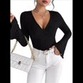 thumbnail image 1 of Camiseta de Larga Ajustada con Cuello en V Acanalado para Mujer, Top Informal de Moda con Mangas Acampanadas. Negro XL, 1 of 9