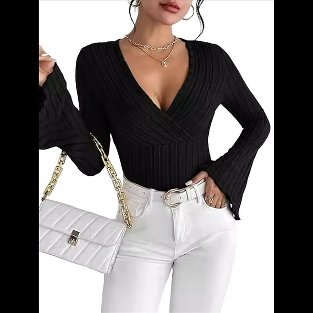 Camiseta de Larga Ajustada con Cuello en V Acanalado para Mujer, Top Informal de Moda con Mangas Acampanadas. Negro XL