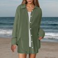 thumbnail image 5 of JIAYUE Women 2 Piece Outfits Sets Solid Color Lapel Long Sleeve Casual Linen Blend Poplin Shirt And Shorts Button Ladies Stylish Clothing Set, 5 of 7