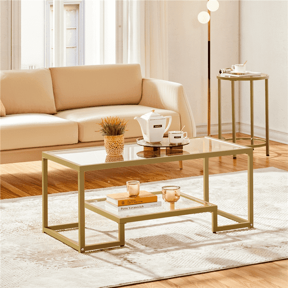 Yaheetech 2-Tier Modern Tempered Glass Coffee Table with Metal Frame for Living Room, Gold