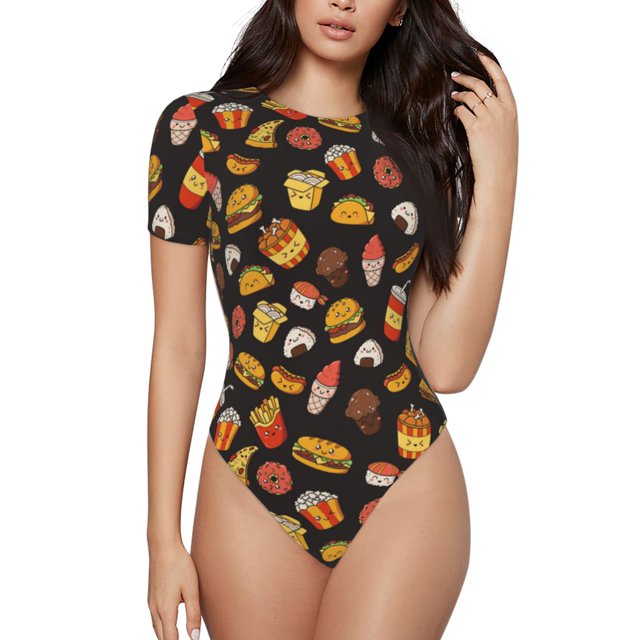 Balery Burger Fries Body de cuello redondo de manga corta para mujer Tops de manga corta Tops básicos-Small