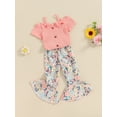 thumbnail image 3 of FEORJGP Kid Girls Pants Set 1Y 2Y 3Y 4Y 5Y Toddler Short Sleeve T-shirt Bow Off-shoulder Camisole Shirt Button Decor Tops with Flower Print Flare Pants Little Girl Cute Fashion Summer Outfit, 3 of 9