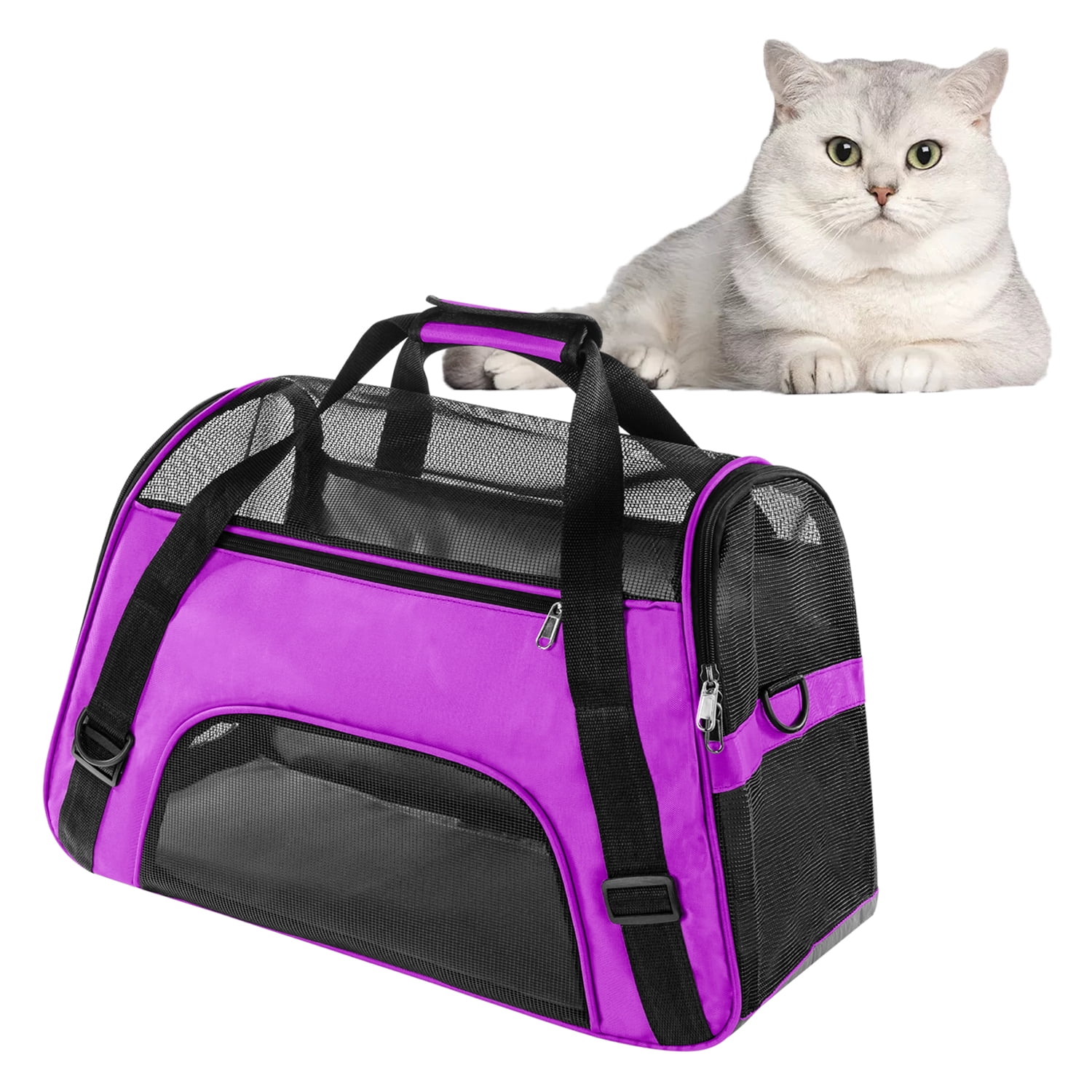 WDM Airline Approved Cat Carrier Removable Fleece Pad and Pockets for Small Dogs Puppies Large Cat Soft Sided Collapsible Puppy Carrier with Locking Safety Zippers 