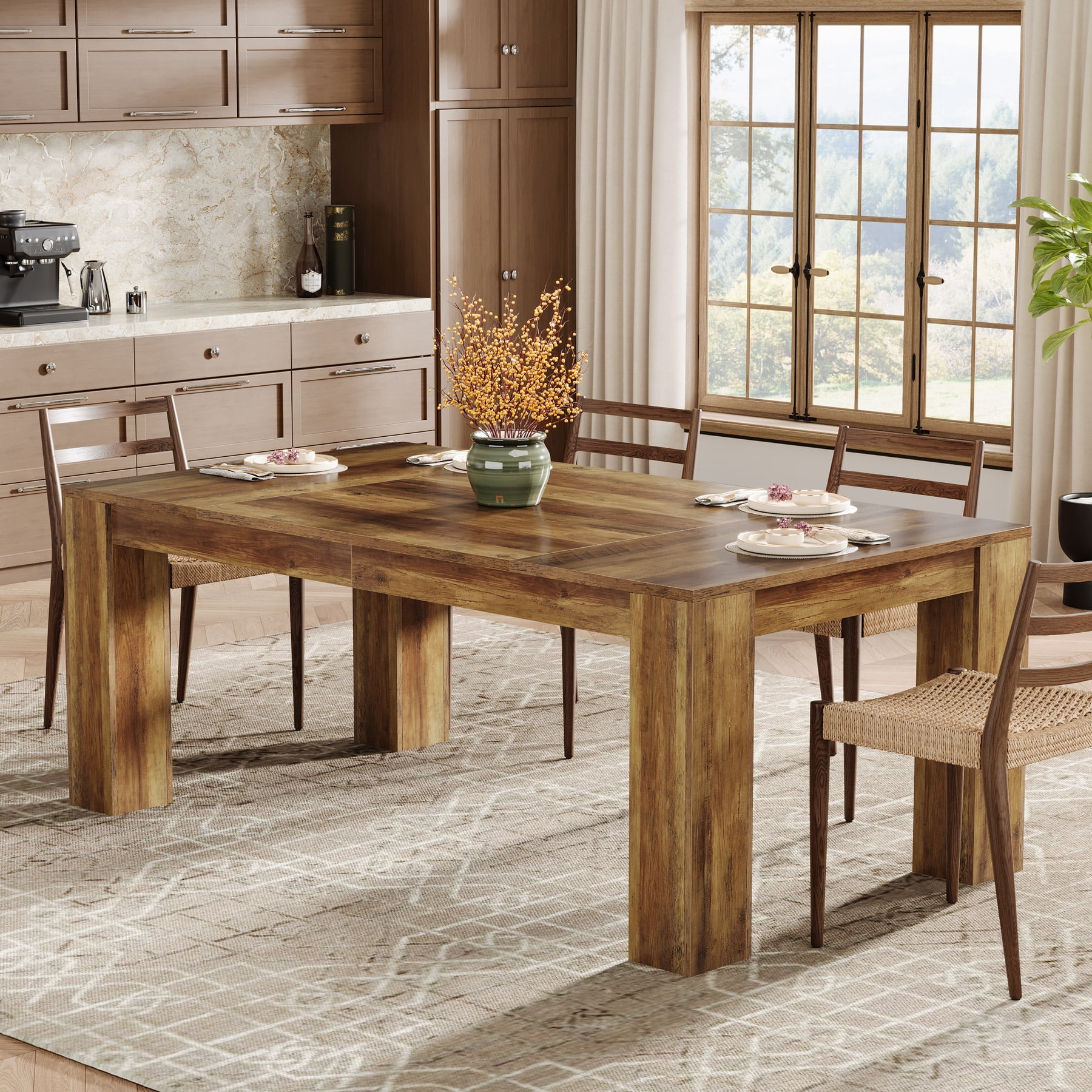 Tribesigns 63-Inch Brown Dining Table, Farmhouse Wooden Rectangular Kitchen Dinner Table