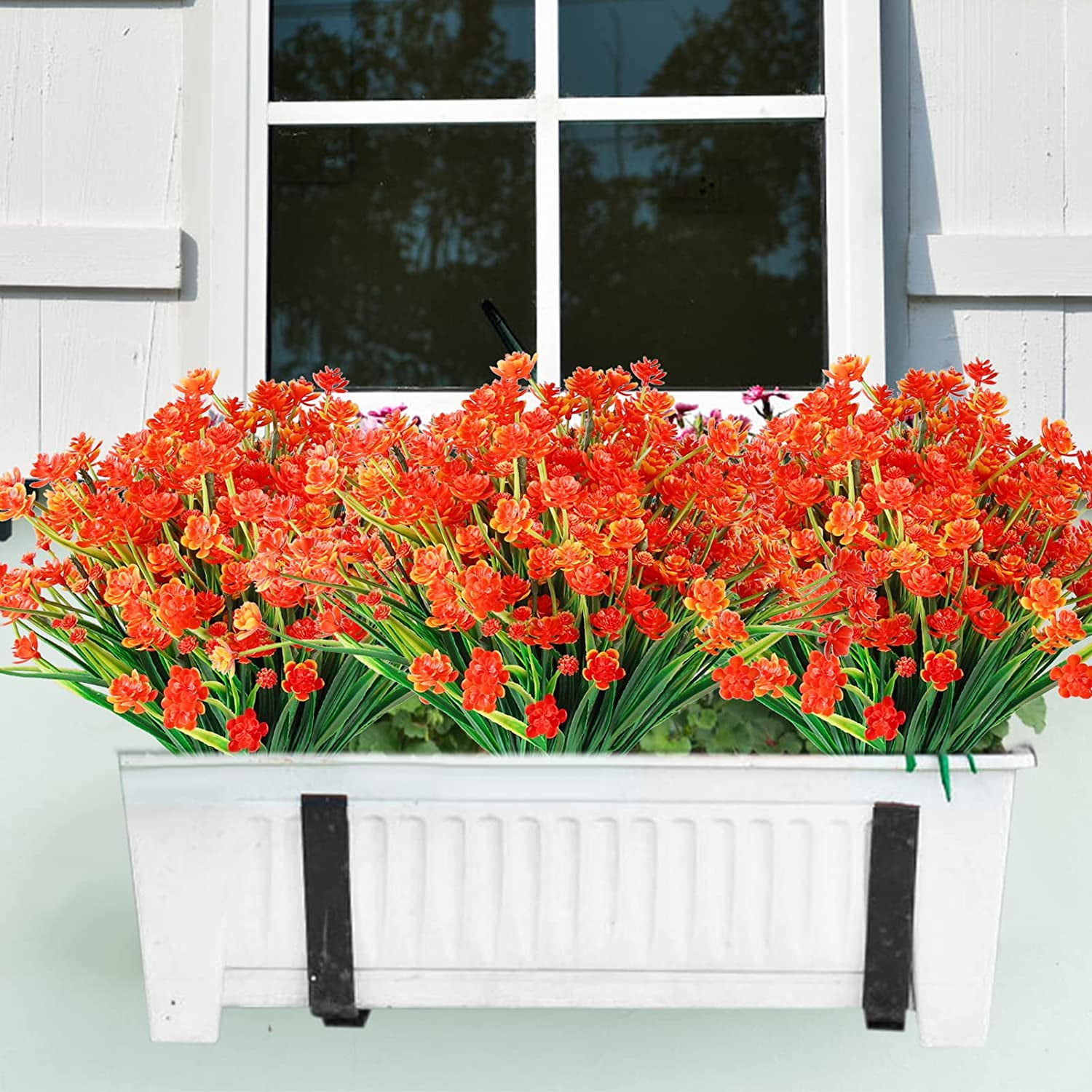 Morttic Artificial Flowers for Outdoors Plastic UV Resistant Faux Flowers Decoration Greenery Garden Shrubs，Bulk Fake Flowers in Vase (Orange 4pcs)
