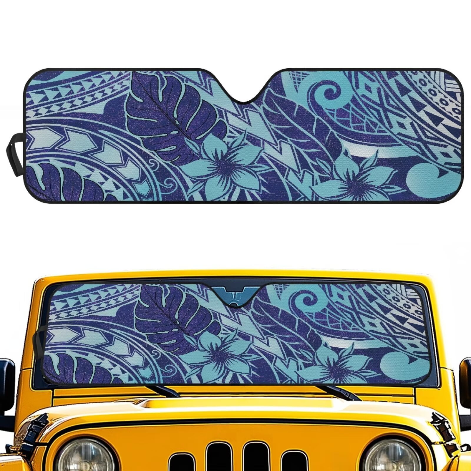 Uorisanigo Windshield Sun Shade for 2018-2025 Jeep Wrangler JL/2020-2025 Jeep Gladiator, Front Window Blue Polynesian Flowers Sunshade, Aluminum Foil Structure Block UV Rays and Heat