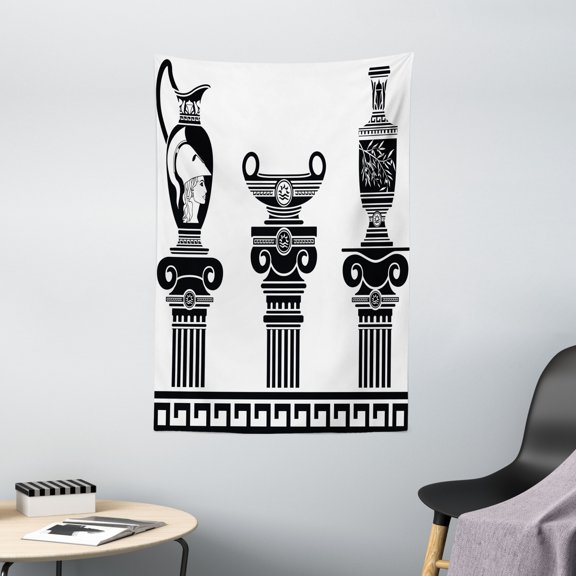 Toga Party Tapestry, Hellenic Vases and Ionic Columns Artistic Design Amphora Antiquity Culture, Wall Hanging for Bedroom Living Room Dorm Decor, 40W X 60L Inches, Black and White, by Ambesonne