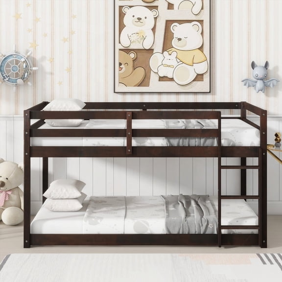 Espresso Solid Wooden Twin over Twin Floor Bunk Bed w/Ladder